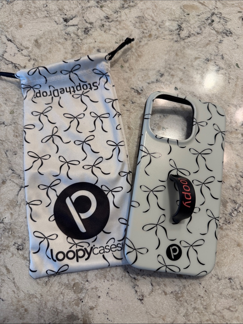 Loopy Case iPhone 13 Pro White with Black Bows Phone Case w Black Loop & Pouch